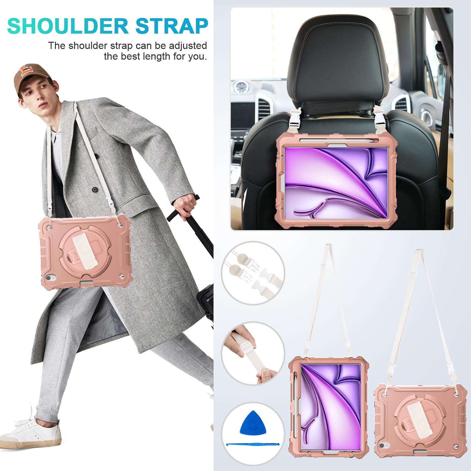 iPad Air 11 Inch 2024(M2), iPad Air 6th Generation Shockproof Case with 360° Rotating Stand Hand/Shoulder Strap-Pink