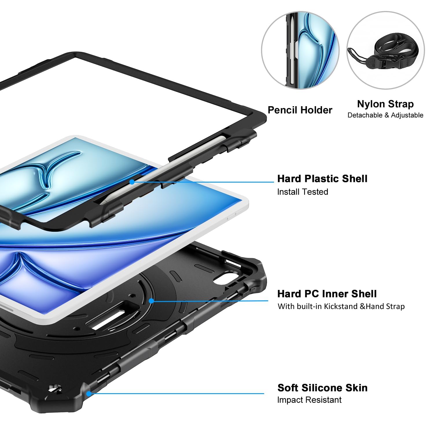 iPad Air 13 inch (M2) 2024 Shockproof Full Body Drop Protective Case with 360° Rotating Hand Strap & Stand-Black