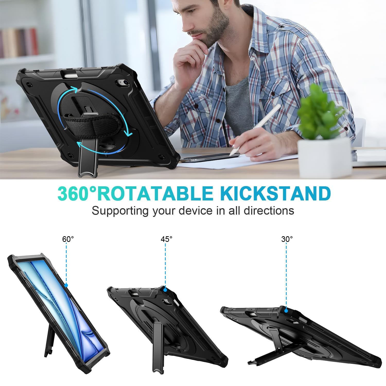 iPad Air 13 inch (M2) 2024 Shockproof Full Body Drop Protective Case with 360° Rotating Hand Strap & Stand-Black