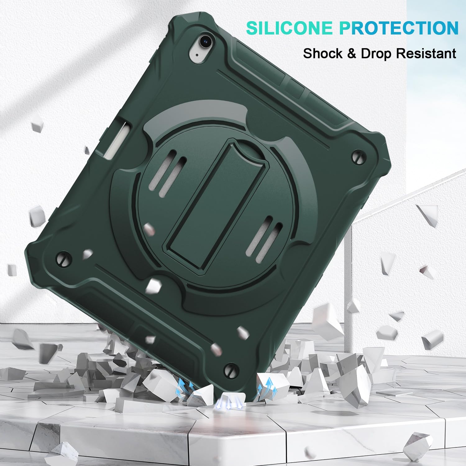 iPad Air 13-Inch (M2) 2024, Shockproof Full Body Protective Case with 360° Rotating Hand Strap &Stand-Dark Green