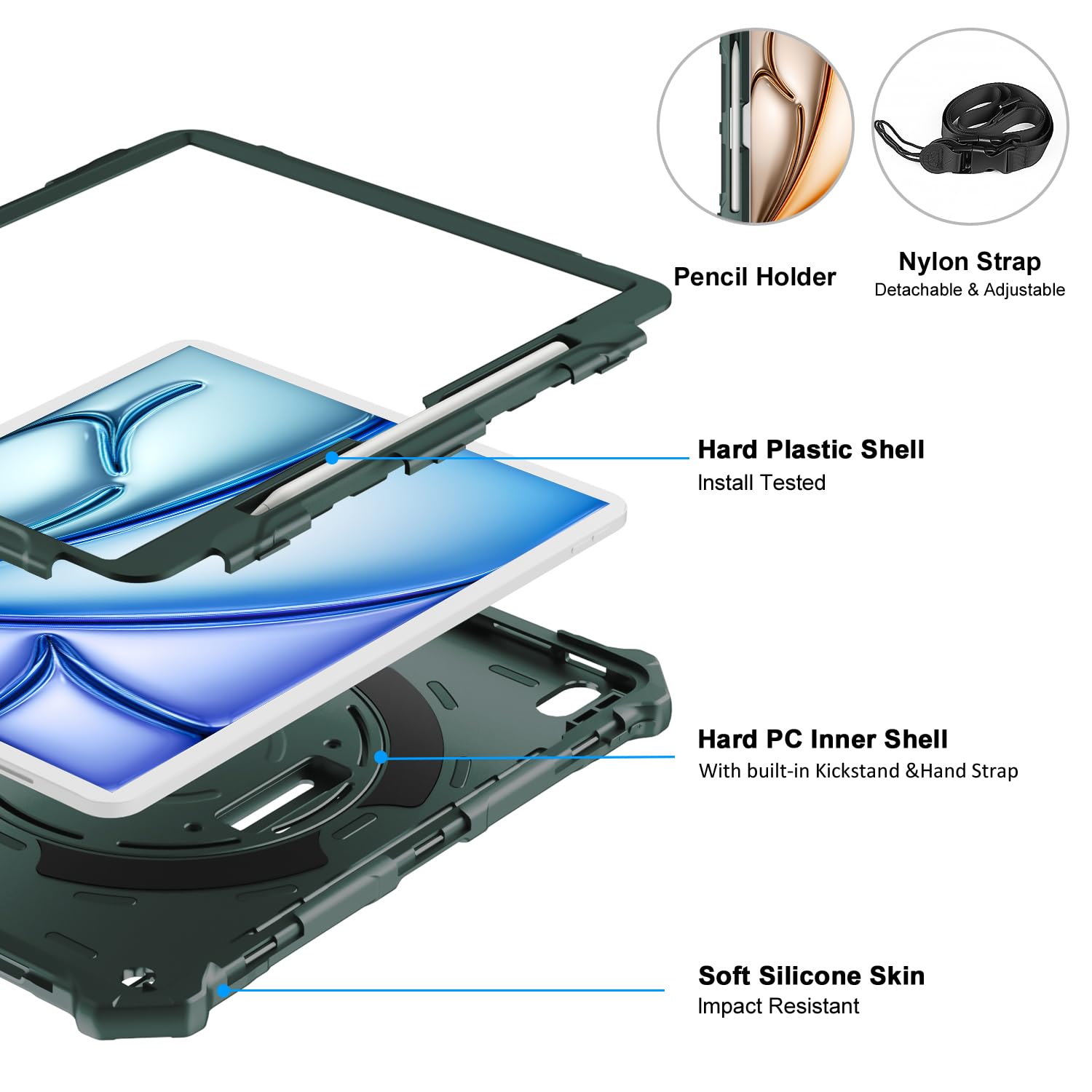 iPad Air 13-Inch (M2) 2024, Shockproof Full Body Protective Case with 360° Rotating Hand Strap &Stand-Dark Green
