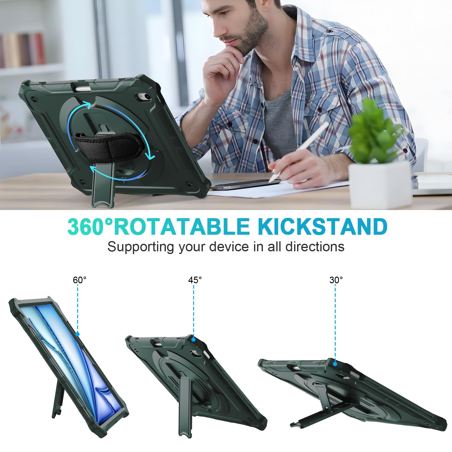 iPad Air 13-Inch (M2) 2024, Shockproof Full Body Protective Case with 360° Rotating Hand Strap &Stand-Dark Green