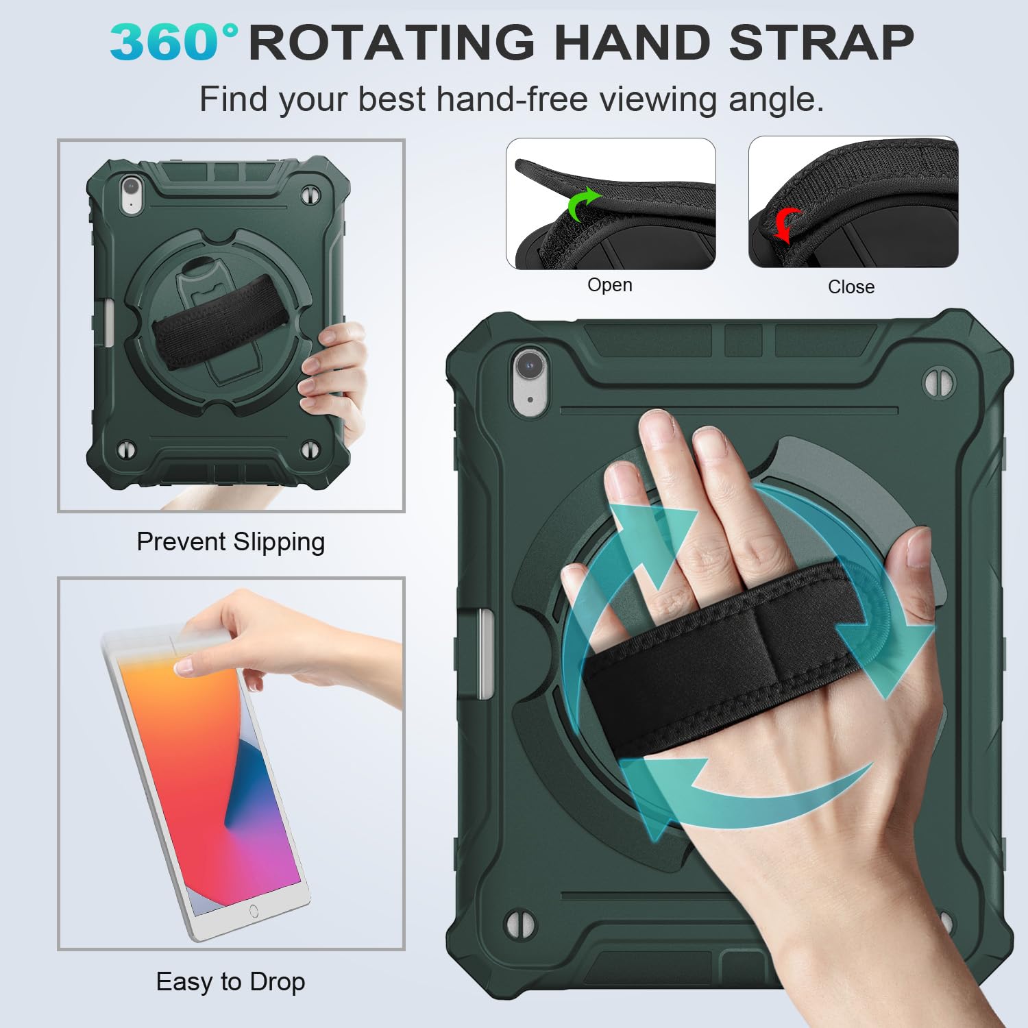 iPad Air 13-Inch (M2) 2024, Shockproof Full Body Protective Case with 360° Rotating Hand Strap &Stand-Dark Green