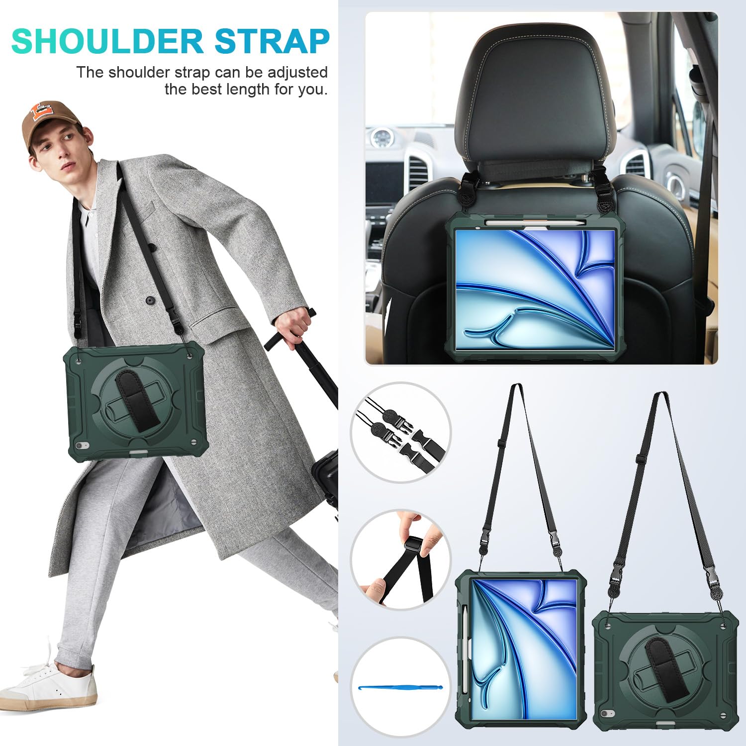iPad Air 13-Inch (M2) 2024, Shockproof Full Body Protective Case with 360° Rotating Hand Strap &Stand-Dark Green