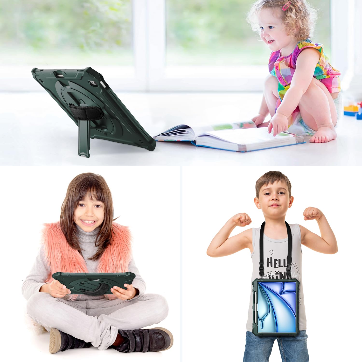 iPad Air 13-Inch (M2) 2024, Shockproof Full Body Protective Case with 360° Rotating Hand Strap &Stand-Dark Green