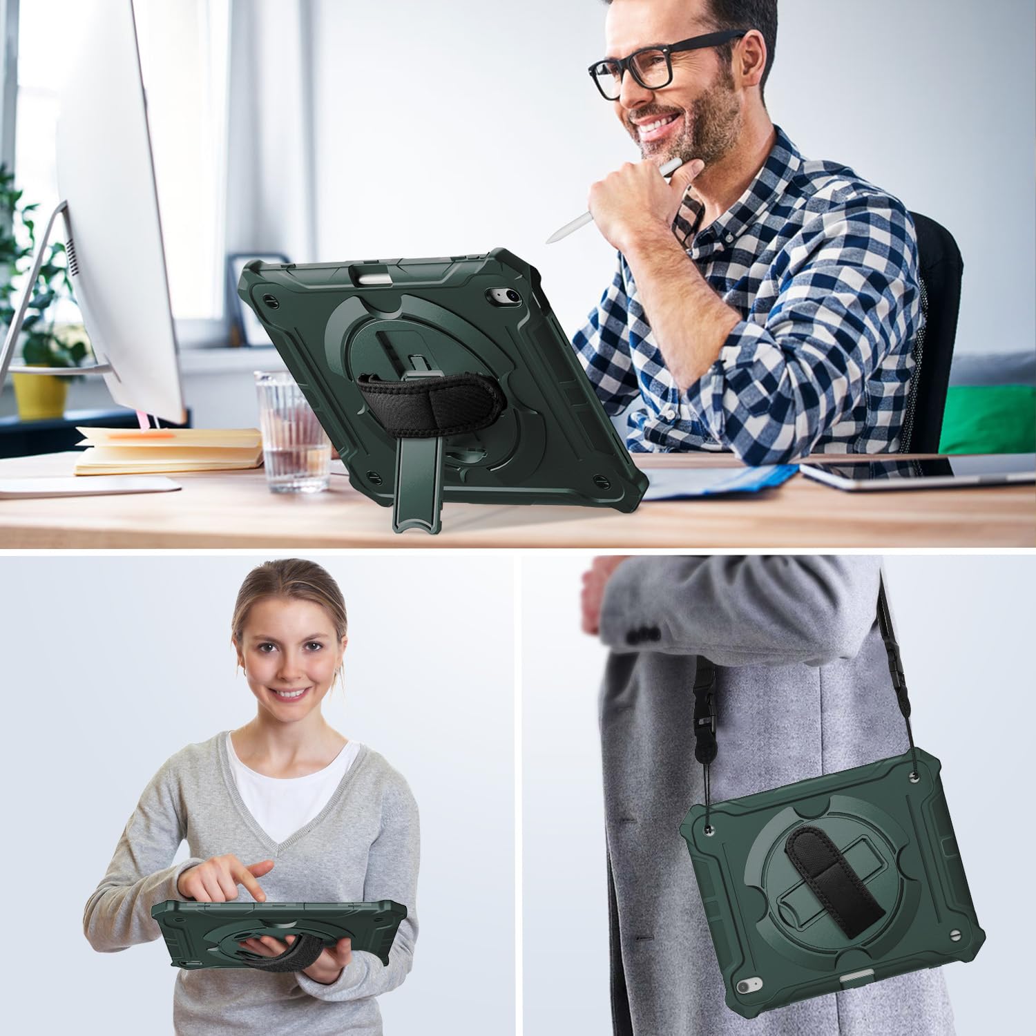 iPad Air 13-Inch (M2) 2024, Shockproof Full Body Protective Case with 360° Rotating Hand Strap &Stand-Dark Green
