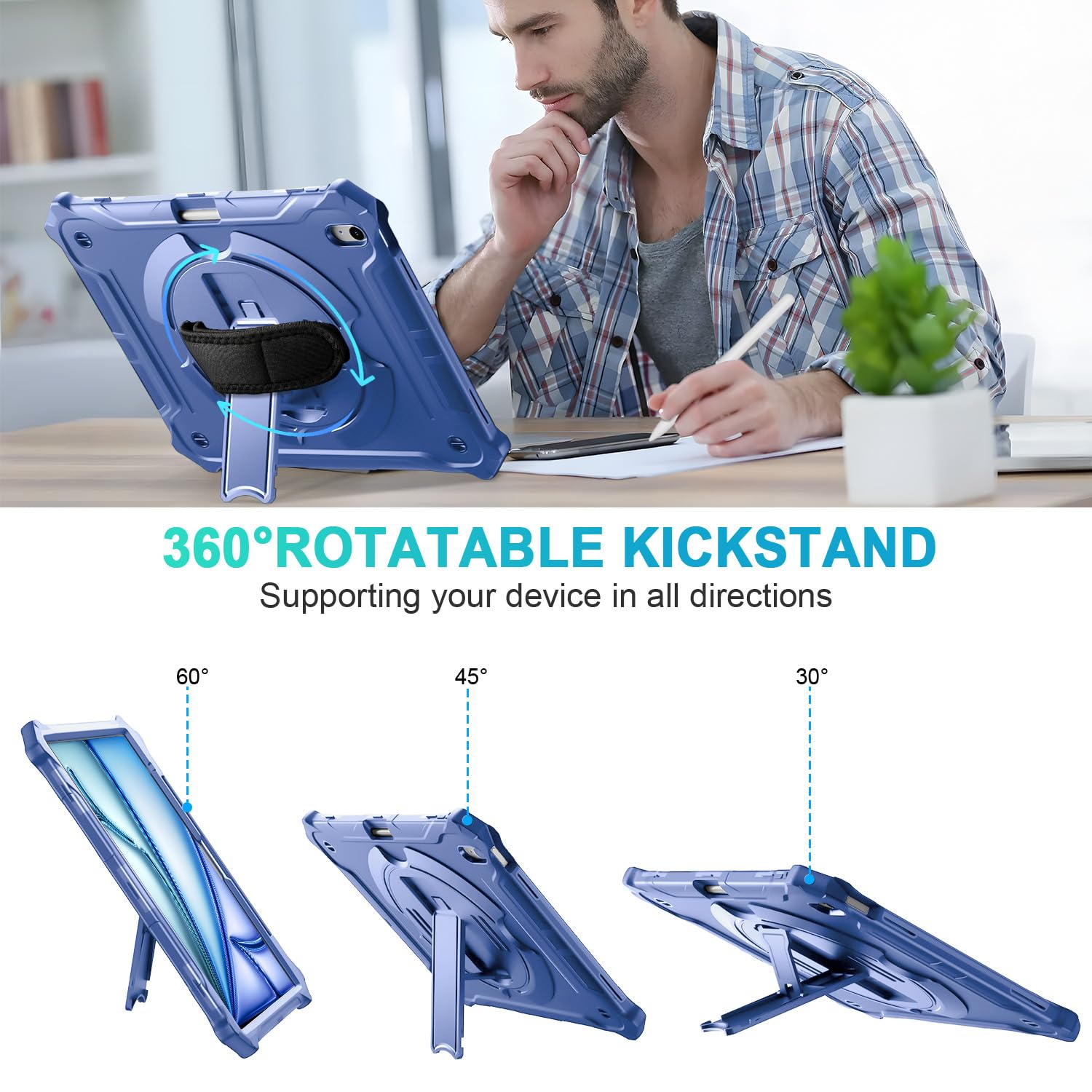 iPad Air 13-Inch (M2) 2024, Shockproof Full Body Protective Case with 360° Rotating Hand Strap &Stand-Purple