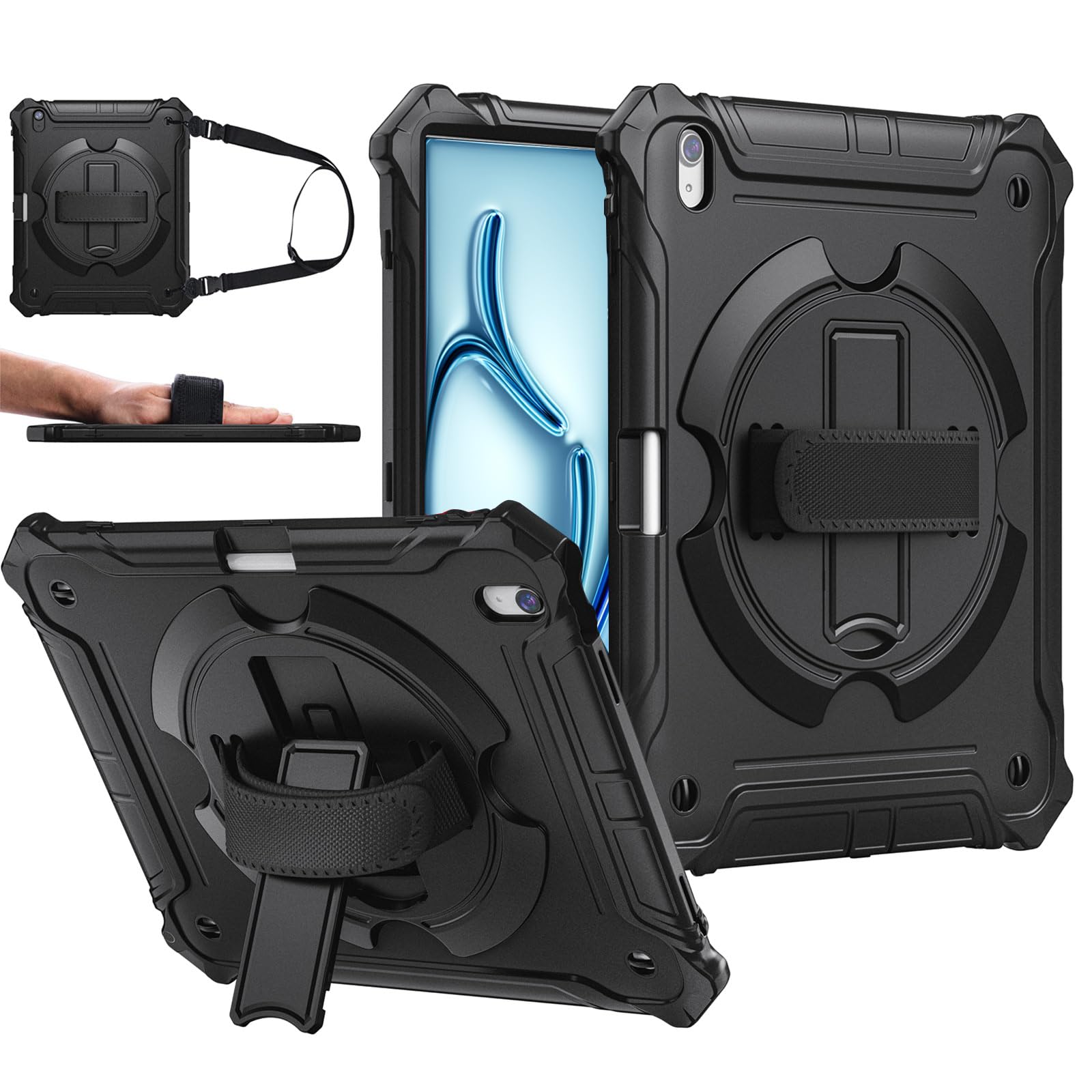 iPad Air 11 Inch 2024(M2), iPad Air 6th/5th/4th Generation 10.9 Inch Shockproof  Case with 360° Rotating Stand Hand/Shoulder Strap-Black