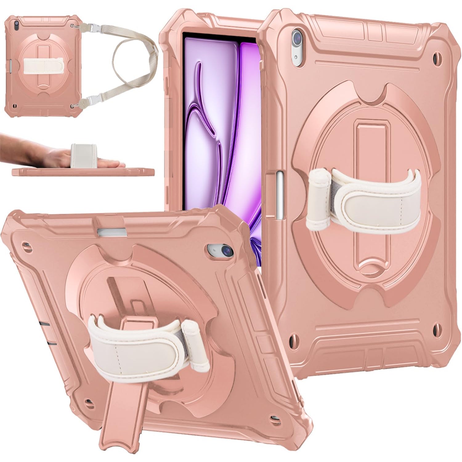 iPad Air 11 Inch 2024(M2), iPad Air 6th Generation Shockproof Case with 360° Rotating Stand Hand/Shoulder Strap-Pink