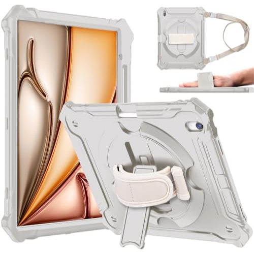 iPad Air 13-Inch (M2) 2024 Shockproof Full Body Protective Case with 360° Rotating Hand Strap &Stand-Starlight