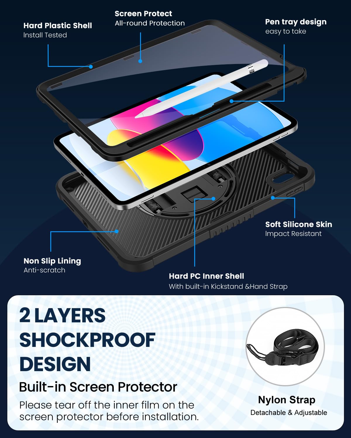 iPad (A16) 11th Generation 11 Inch 2025 iPad 10th Generation 10.9 inch 2022 with Screen Protector & 360° Rotate Hand Strap/Stand Heavy Duty Case for iPad 11th 2025(A3354/A3355)