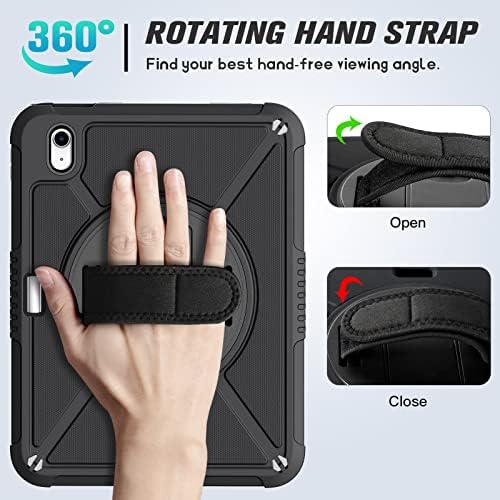 iPad 10th Generation 10.9 Inch with Screen Protector, Pen Holder, Handle Shoulder Strap,360 Rotating Stand Protective Case-Black,Blue