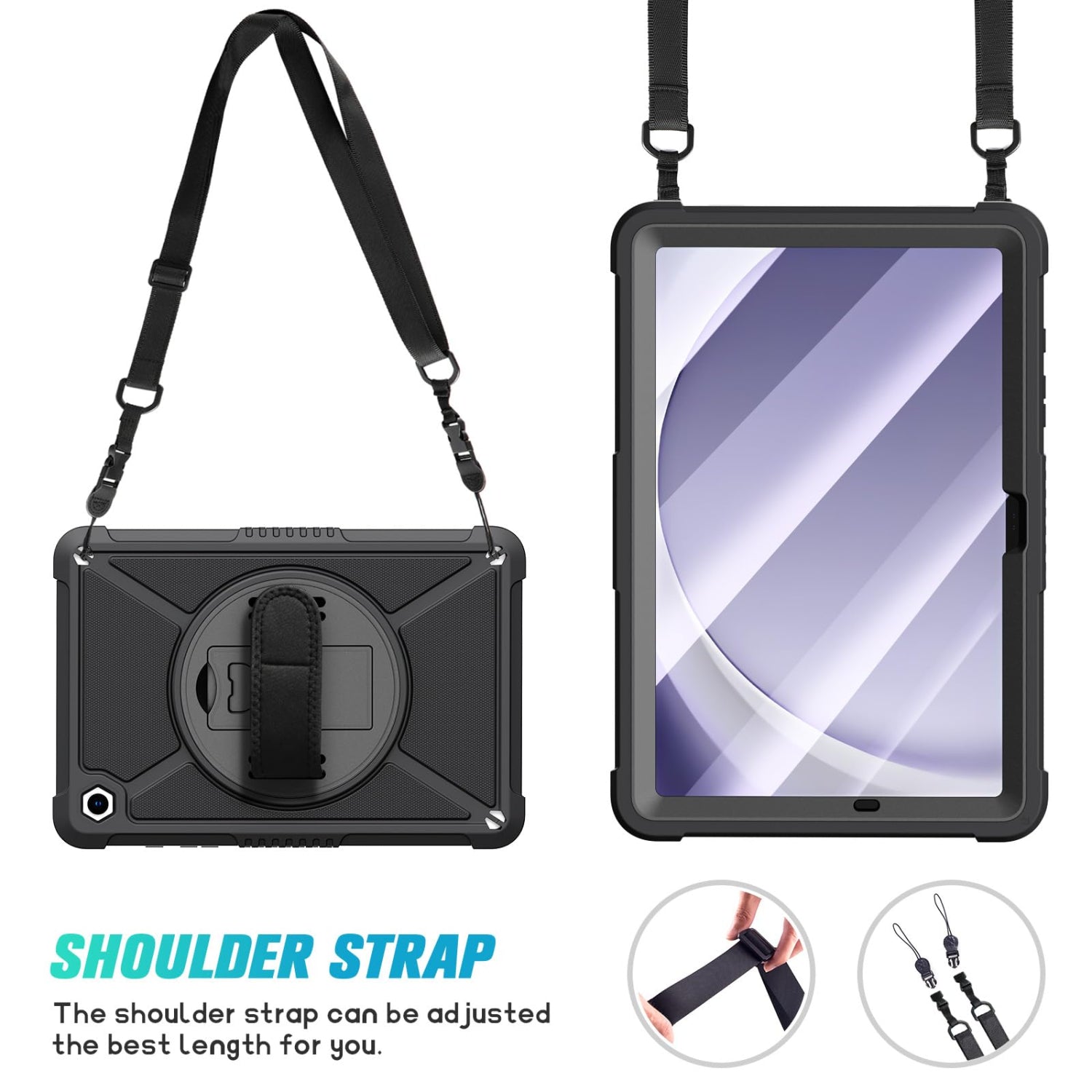 Samsung Galaxy Tab A9+ / A9 Plus 11'' Shockproof Hard Duty with Screen Protector+360 Rotating Hand Strap&Stand+Shoulder Strap Case-Black