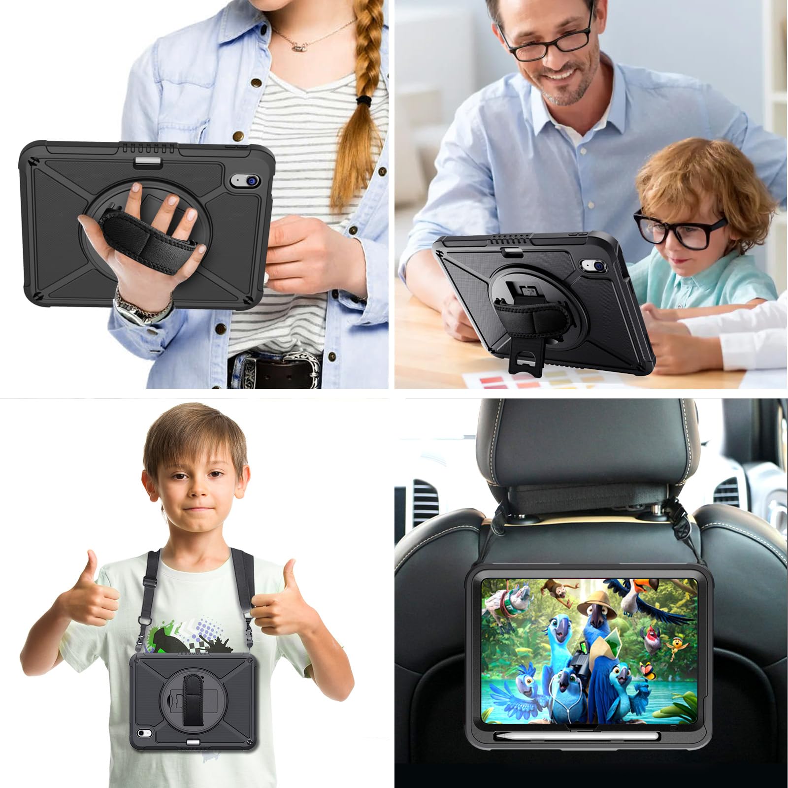 iPad 10th Generation 10.9 Inch with Screen Protector, Pen Holder, Handle Shoulder Strap,360 Rotating Stand Protective Case-Black,Blue