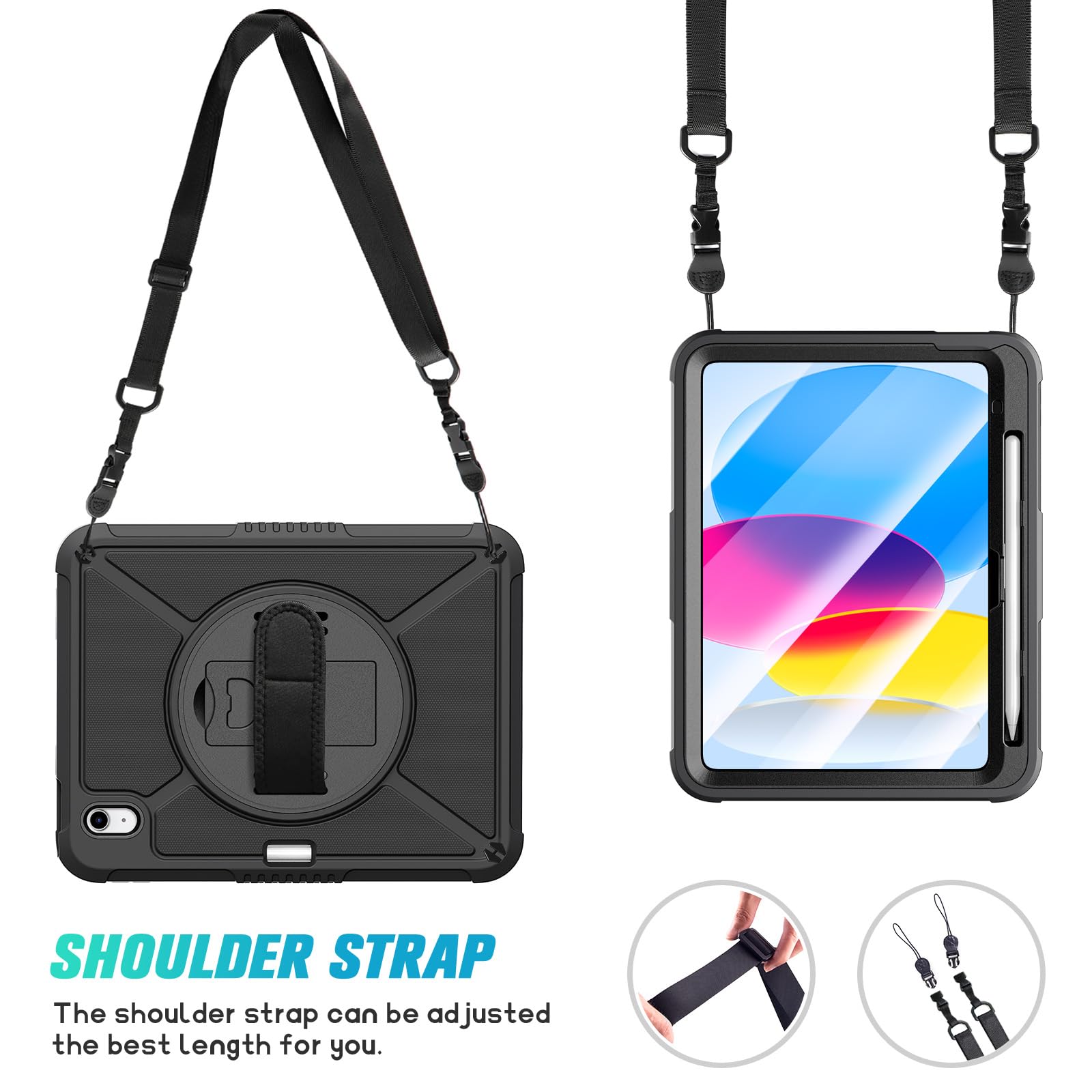 iPad 10th Generation 10.9 Inch with Screen Protector, Pen Holder, Handle Shoulder Strap,360 Rotating Stand Protective Case-Black,Blue
