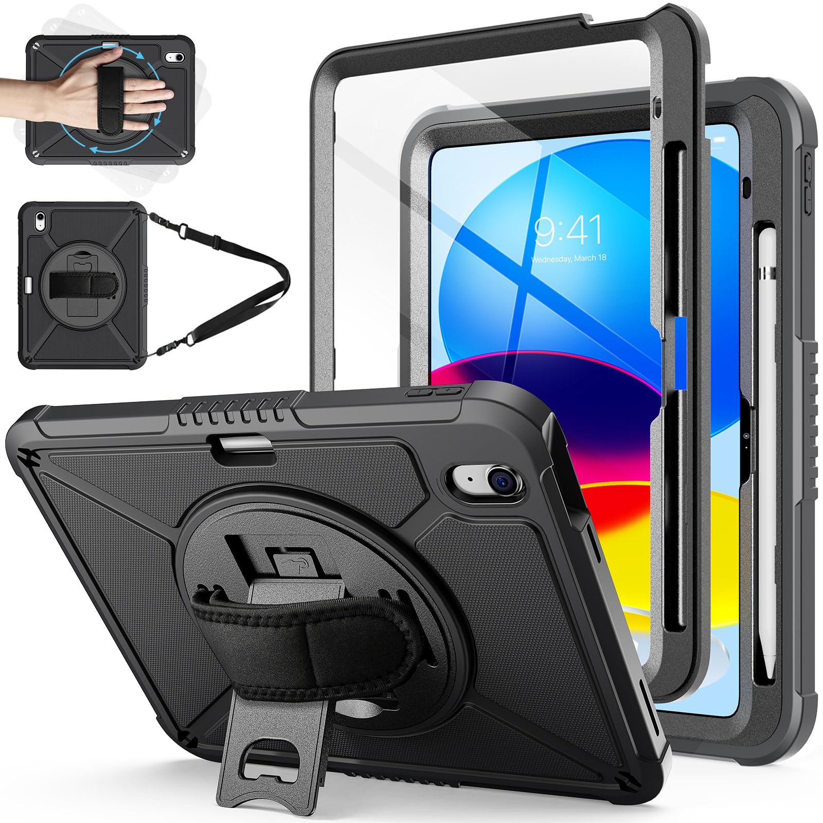 iPad 10th Generation 10.9 Inch with Screen Protector, Pen Holder, Handle Shoulder Strap,360 Rotating Stand Protective Case-Black,Blue