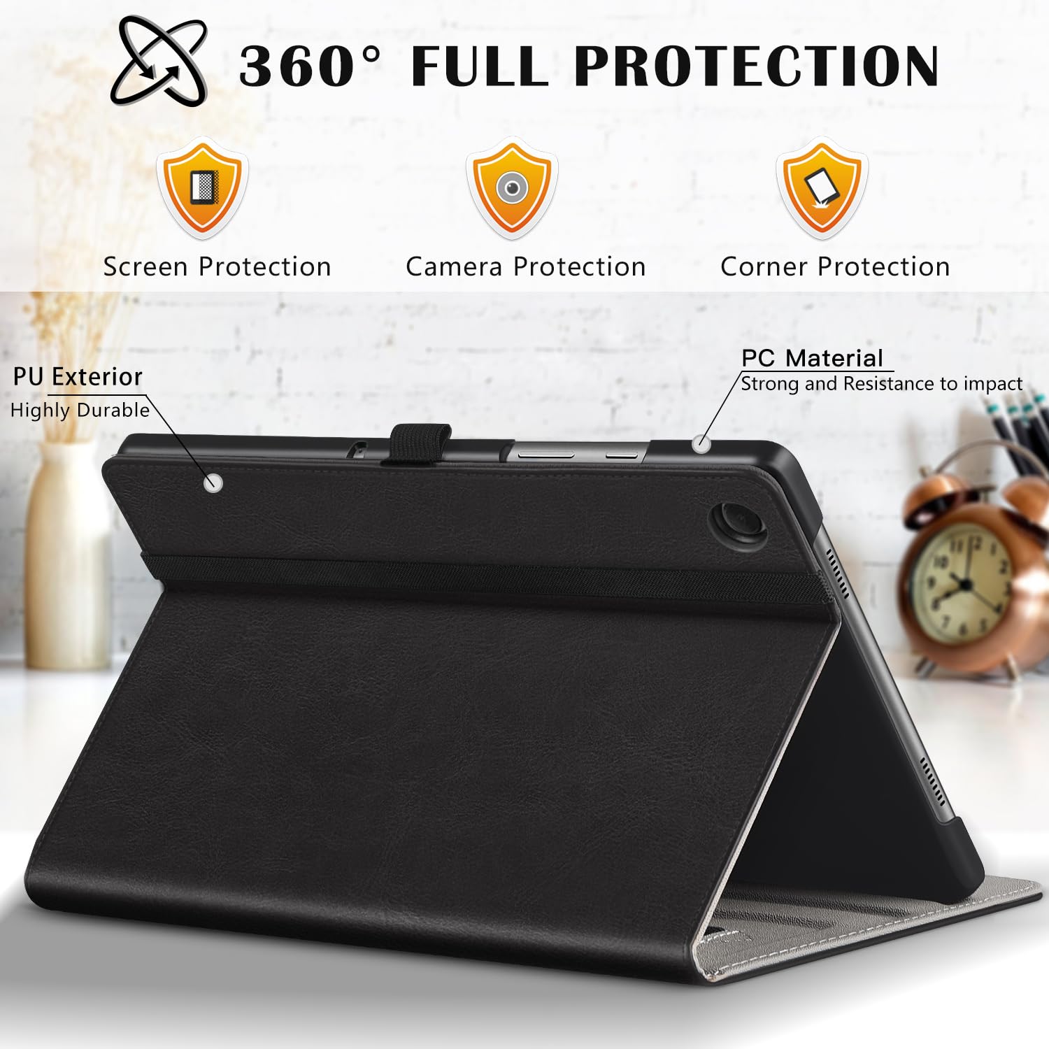 Samsung Galaxy Tab A9 Plus 11 Inch with 2 Tempered Glass Screen Protectors PU Leather Cover Case-Black